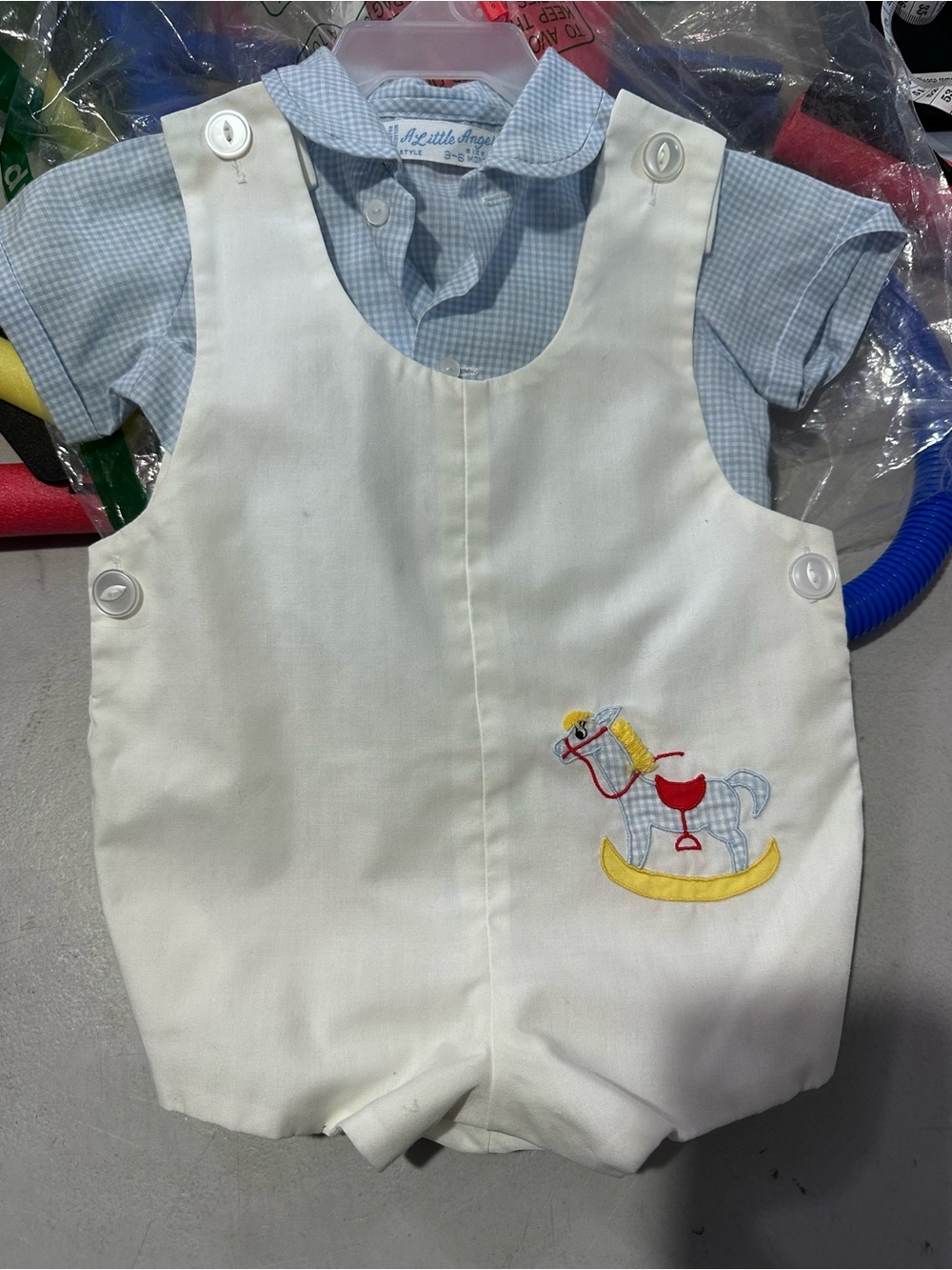 A little Angel White Romper with Light Blue Gingham Shirt and Embroidered
